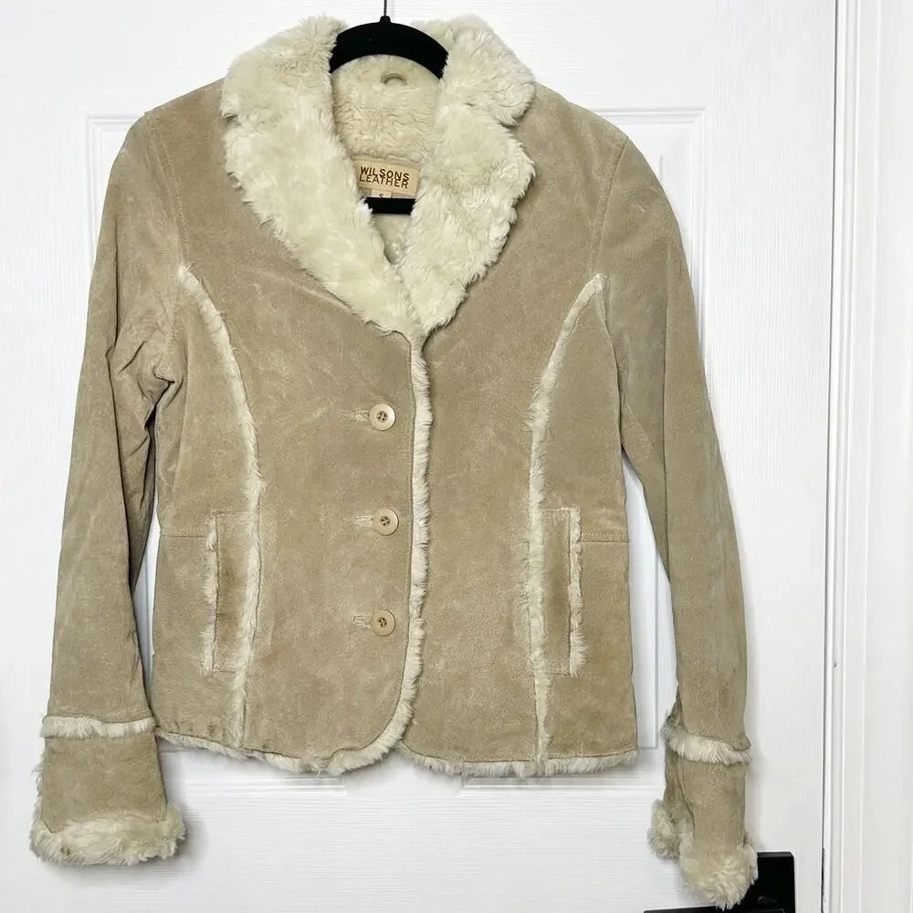WILSONS LEATHER Y2K Size S Tan Suede Fur Trim Jacket Boho Penny Lane